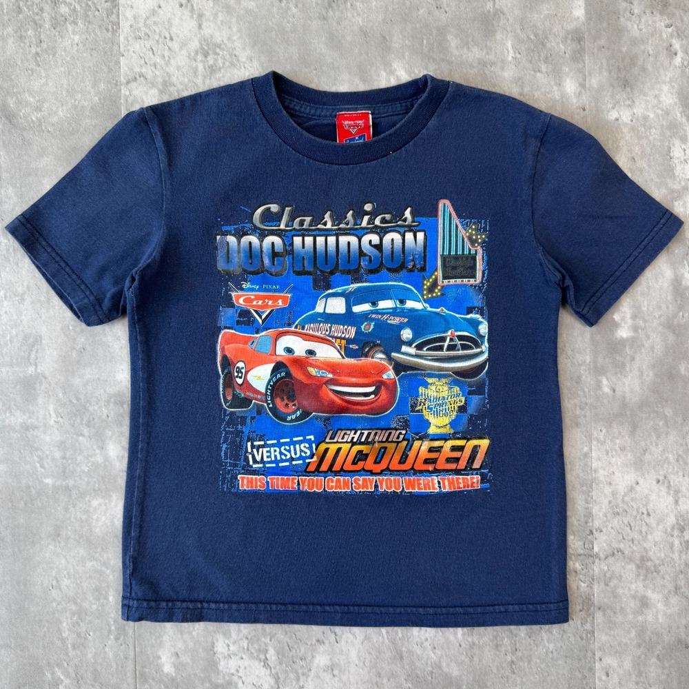 Vintage Disney Pixar Cars T Shirt Boys L Blue Lightning McQueen Doc Hudson 2000s